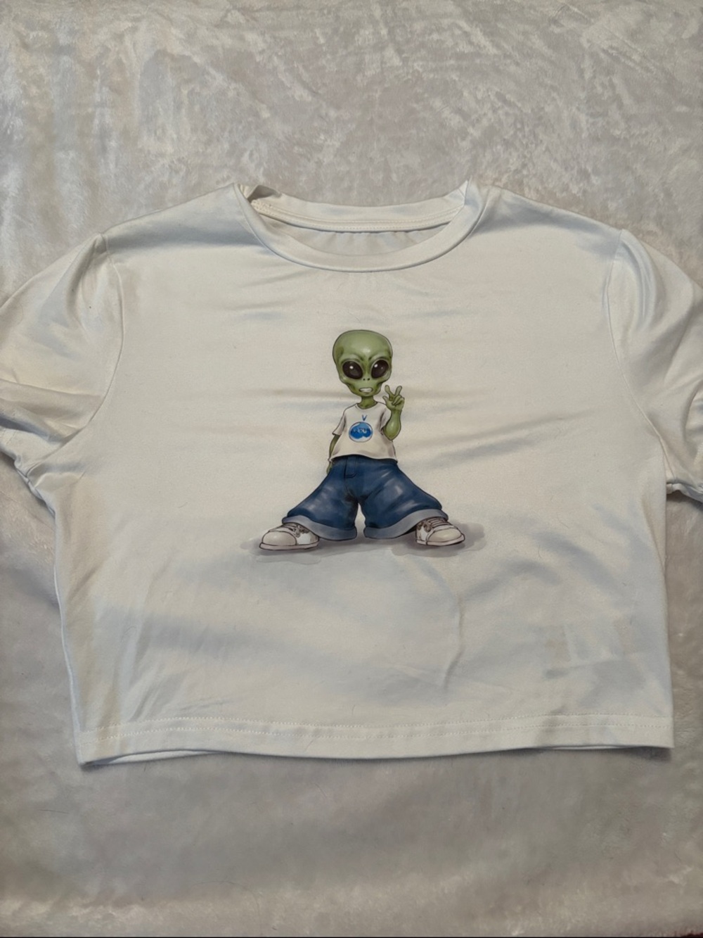 SHEIN White Tee with Green Alien Graphic